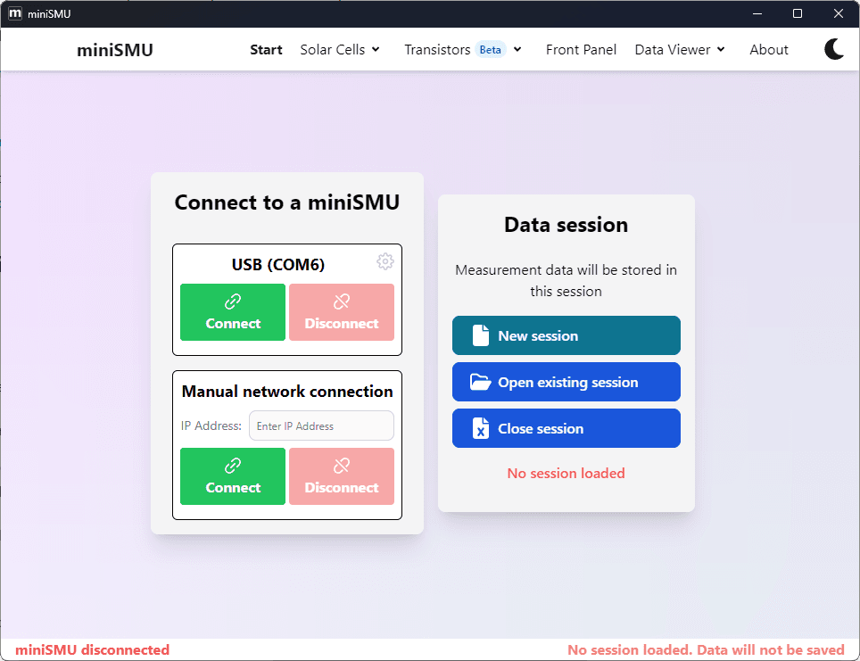 miniSMU Application Start Page